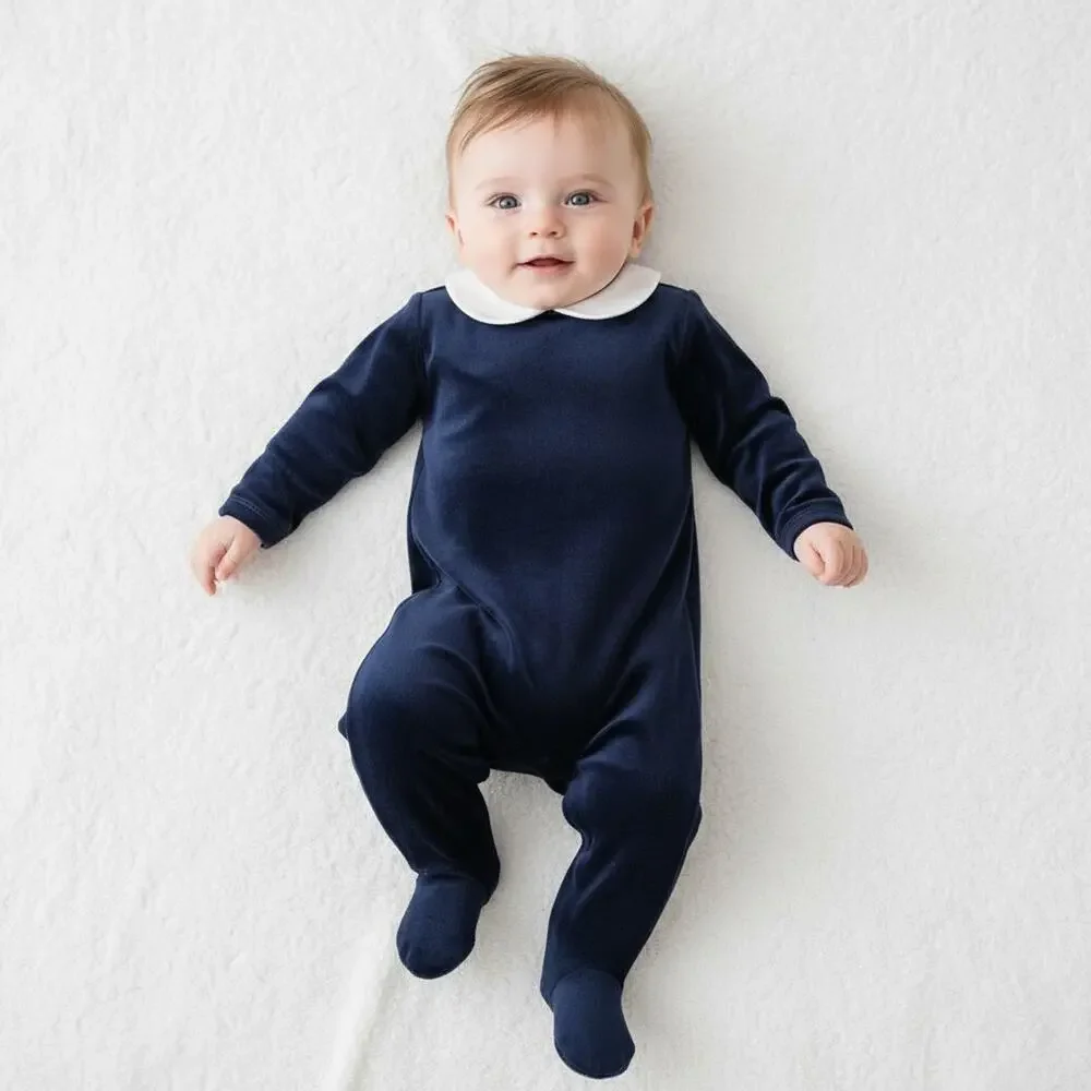 Edgehill Collection Baby Boy Navy Velour Footed Romper Sz NB Peter Pan Collar